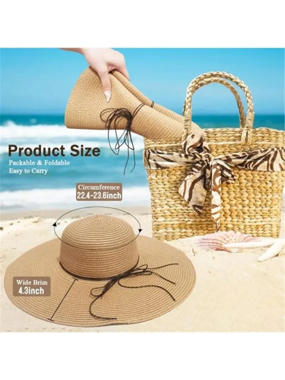 Beach Hats for Women Straw Sun Hat Floppy Wide Brim Foldable UPF 50+ UV